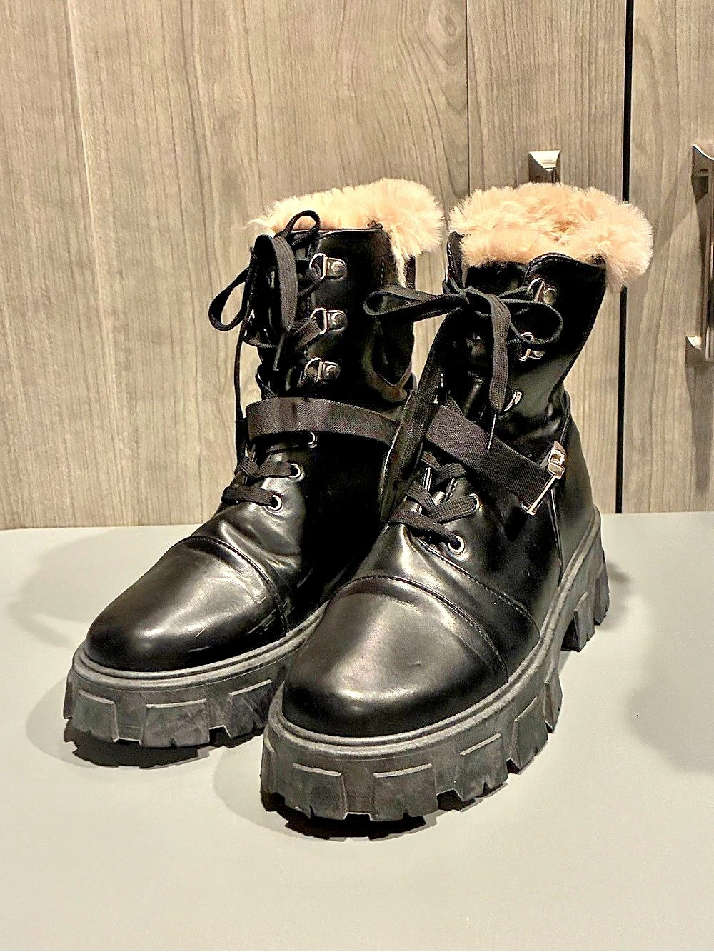 Women's Black Fur-Lined Combat Boots